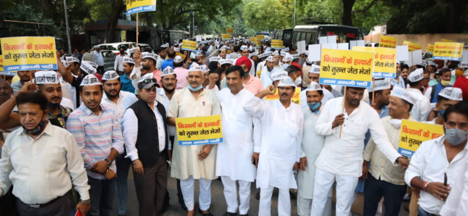 Lakhimpur Kheri AAP holds protest at Jantar Mantar against the killing of farmers