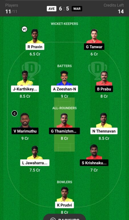 AVE vs WAR Dream11 Prediction, Dream11 Team Today, Fantasy Cricket Tips, Pitch Report and Injury Update of AVE vs WAR Siechem Pondicherry T10